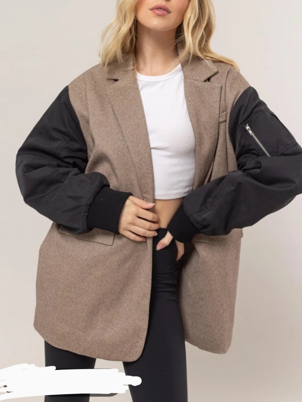 HYFVE Size Small NWT Oversized Brown Blazer with Black Bomber Sleeves